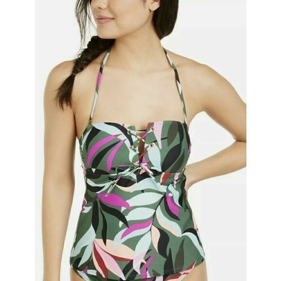 A-787 Hula Honey Hyper Tropics Printed Tankini Top Olive Multi sz M - Picture 1 of 1